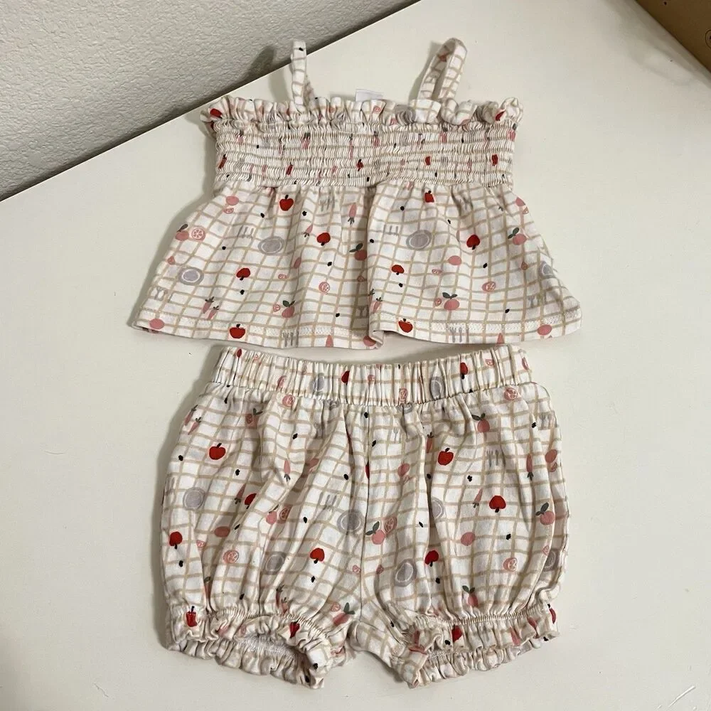 Nordstrom Baby Smocked Tank and Bloomers 2-Pc Set Picnic Fruit Girls SZ 3 Months